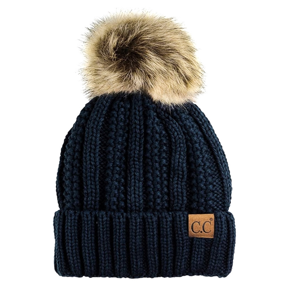 LAST ONE! C.C. Knit Beanie Vegan Fur Soft Fleece Lining Inside in Dark Navy Blue - Picture 3 of 3